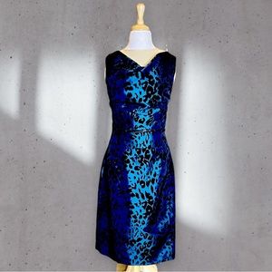 Great condition. Tahari Iridescent Blue Leopard Print Sheath Dress - Size 8